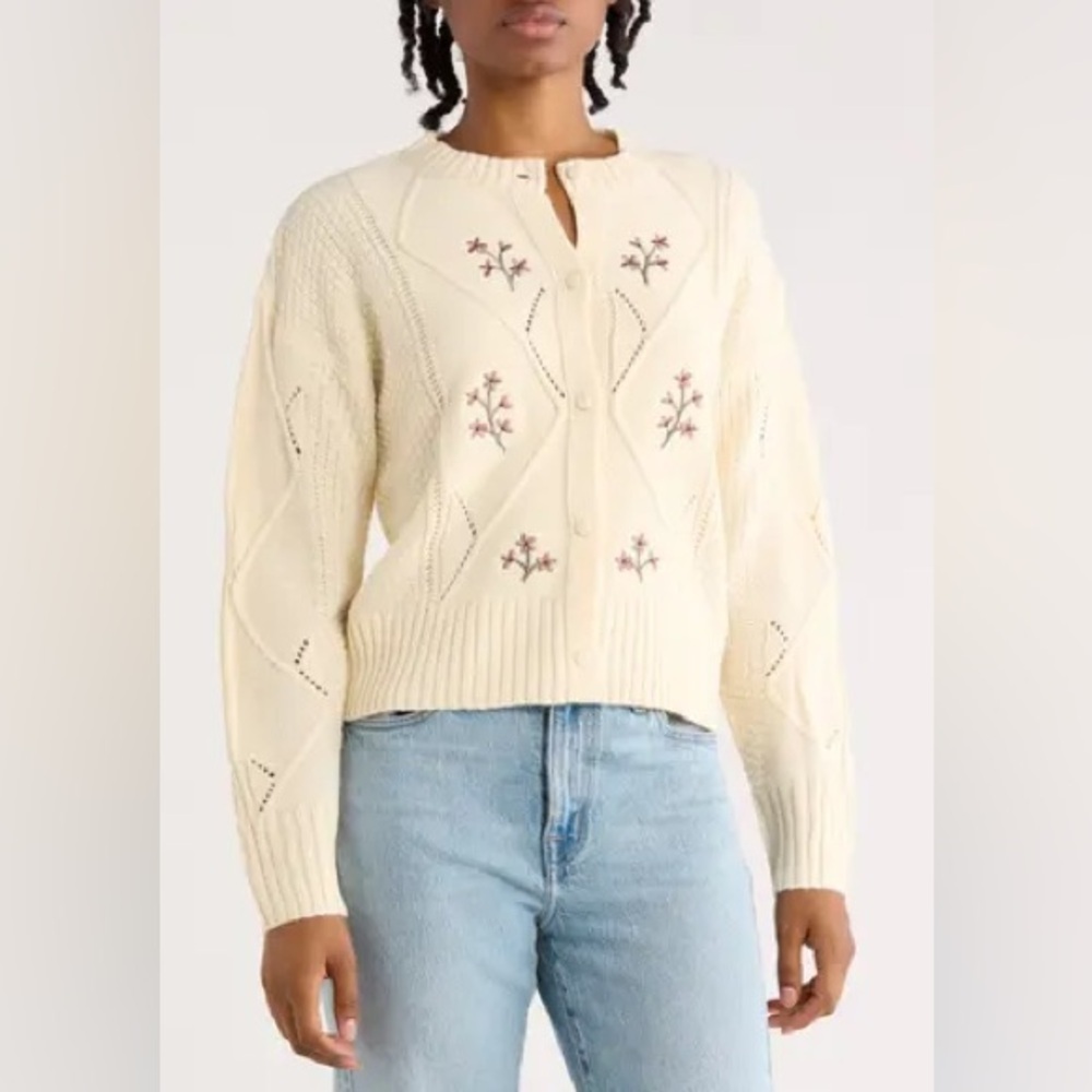 New Blu Pepper Floral Knit Cardigan Sweater Grannycore Cream Sz M